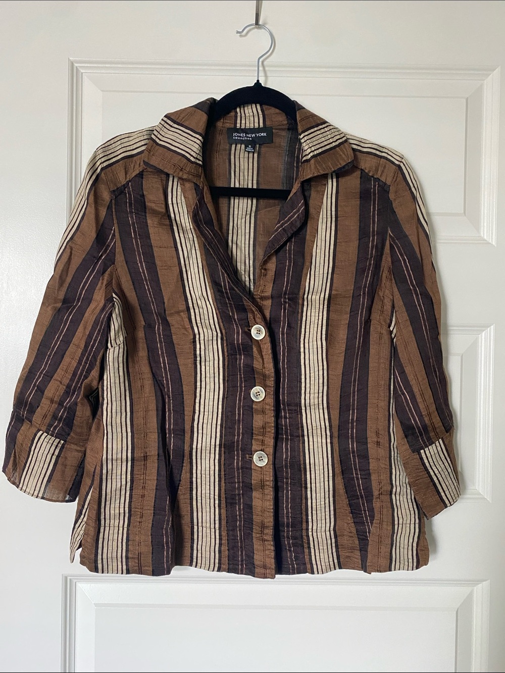 Jones New York Brown and Cream Striped Button-Front Shirt Linen Blend